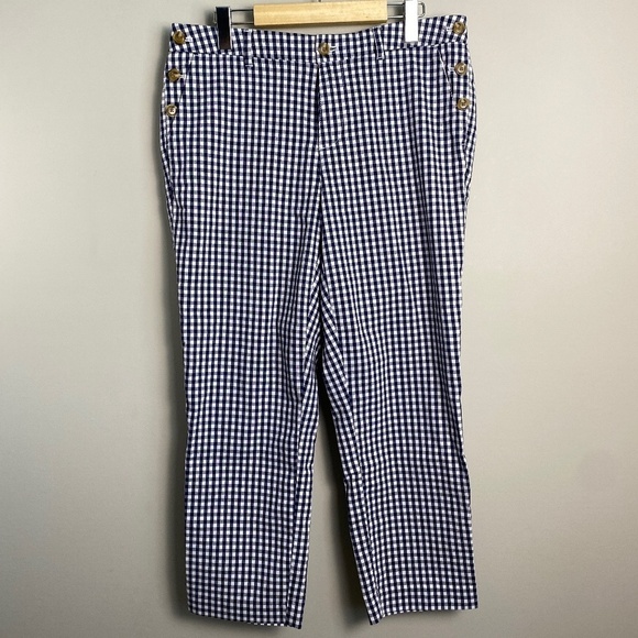 Tommy Hilfiger Dark Navy Gingham Pattern Crop Pants Slim Leg Size 10 Pockets - Picture 1 of 16